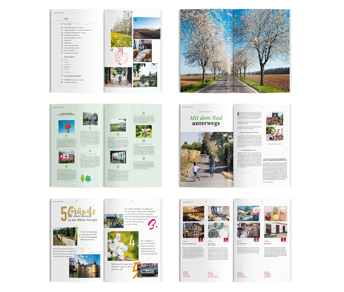 Mehrere Doppelseiten des Magazins, u.a. das Inhaltsverzeichnis, eine Fotodoppelseite, eine Seite über Radfahren in der Region, Vorstellung von Gastgebern und 5 Gründe für die Rhein-Voreifel.