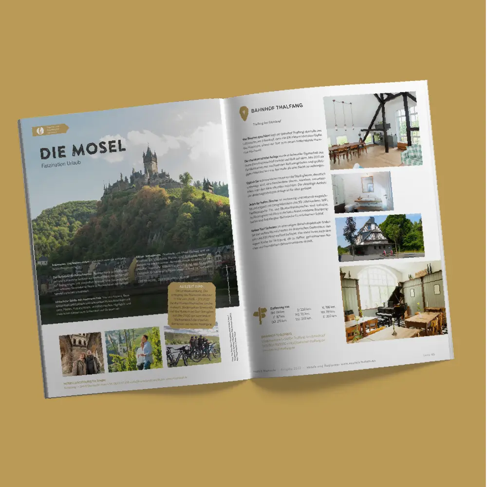Aufgeschlagene Magazinseite des Magazins, Bild von der Mosel und Informationen zur Region