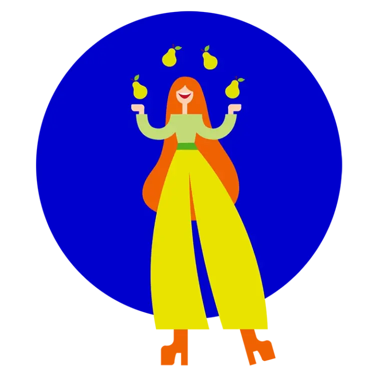 Stilisierte Illustration einer Frau, die Birngen jongliert