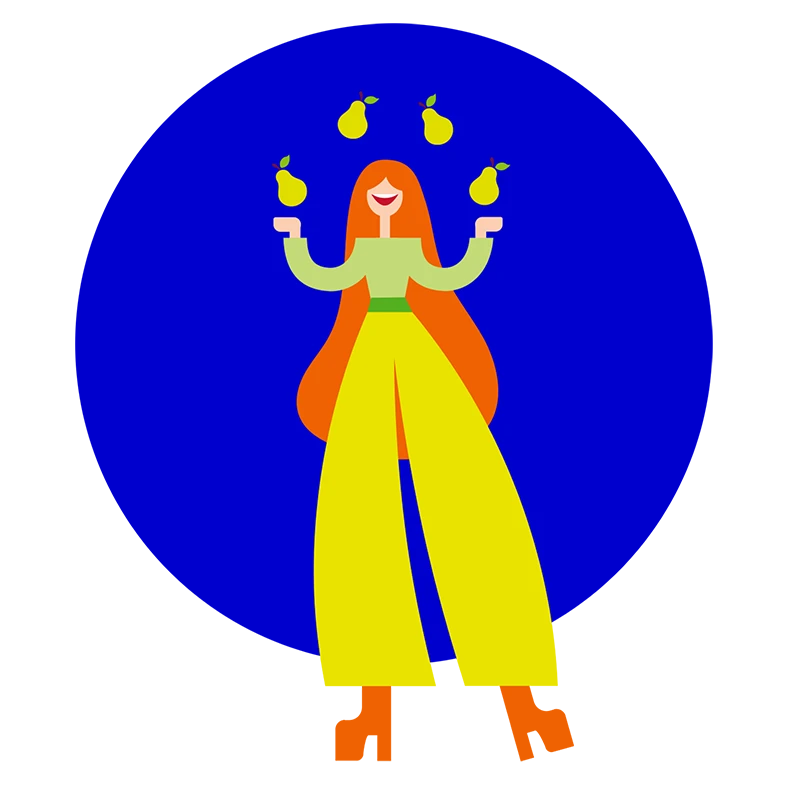 Stilisierte Illustration einer Frau, die Birngen jongliert