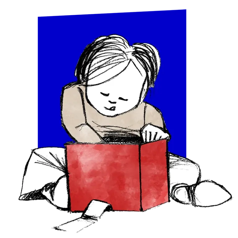 Bleistiftzeichnung eines Kindes, welches ein Buch liest