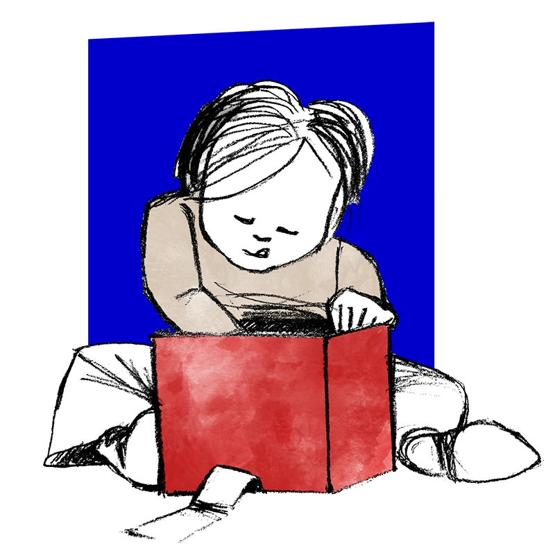 Bleistiftzeichnung eines Kindes, welches ein Buch liest