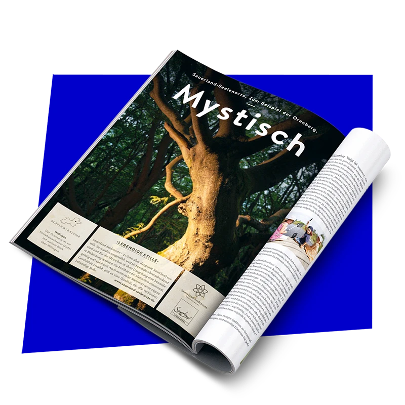 Aufgeschlagene Magazinseite mit Abbildung Baum und Beschriftung "Mystisch"
